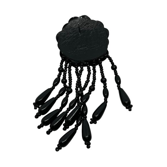 Dramatic Black Flower Sequin Beaded Fringe Statement Earring - Gothic Glamour - Picture 8 of 8